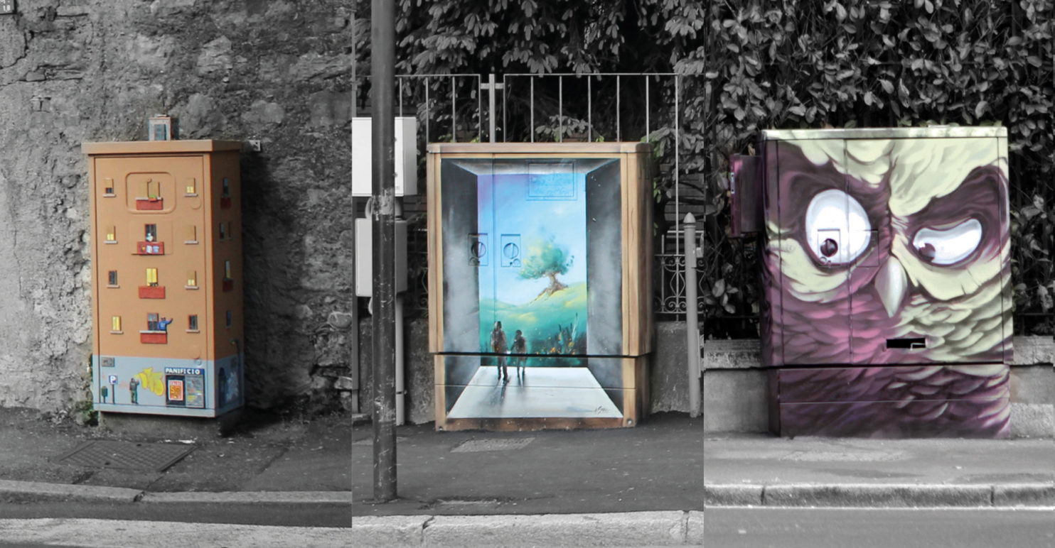 Vincitori del concorso di Street Art per la decorazione delle cabine semaforiche di Varese: Il Borse, Sten e Gioele Bertin