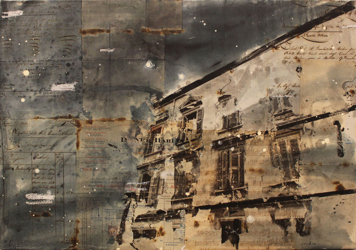 CESTARI DANIELE, Il palazzo del re, 2018, tecnica mista su carta antica incollata su tela, 50 x 70 cm