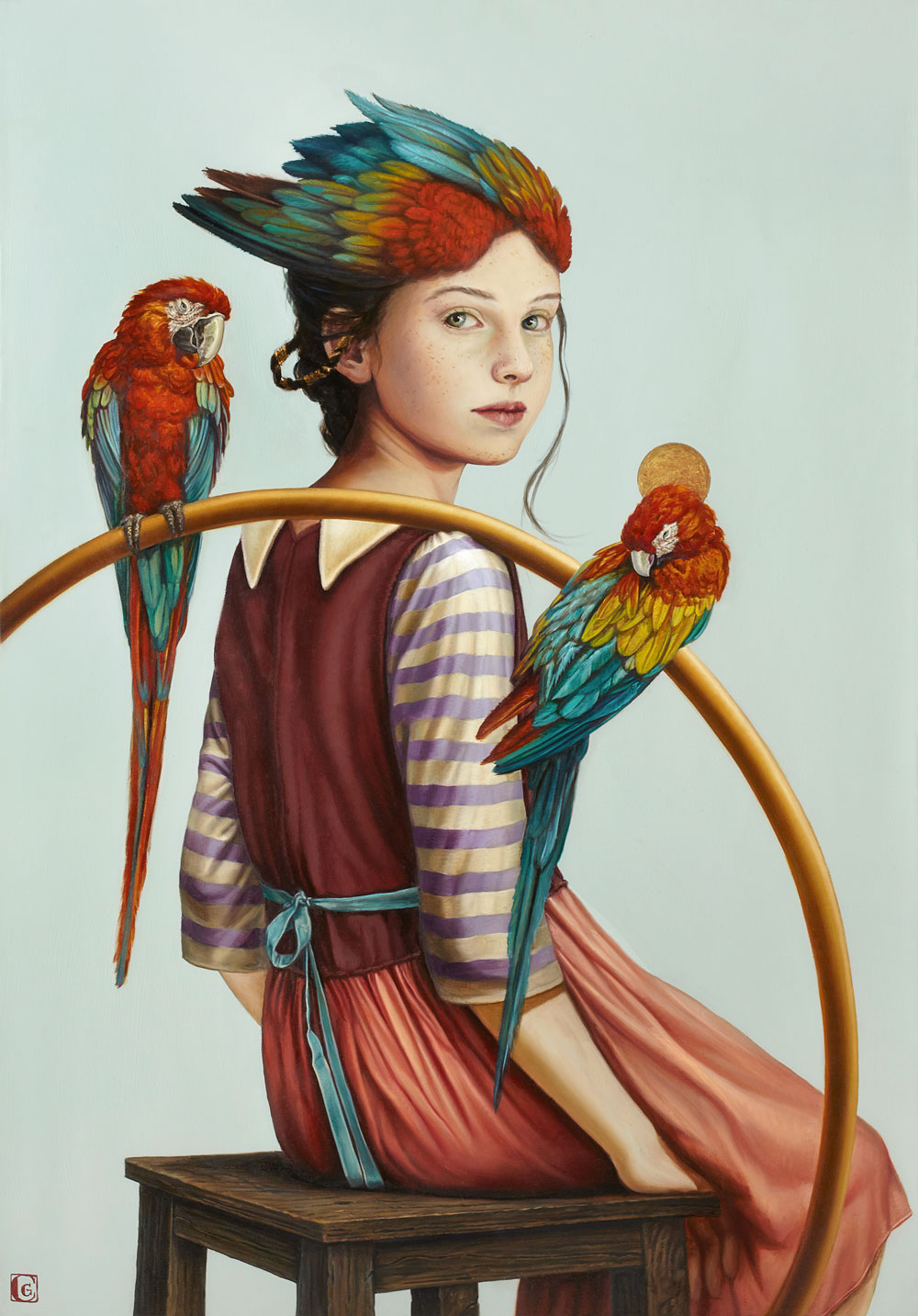 GIRAUDO CLAUDIA, Giovane adolescente con due pappagalli, 2018, olio su tela, 100 x 70 cm
