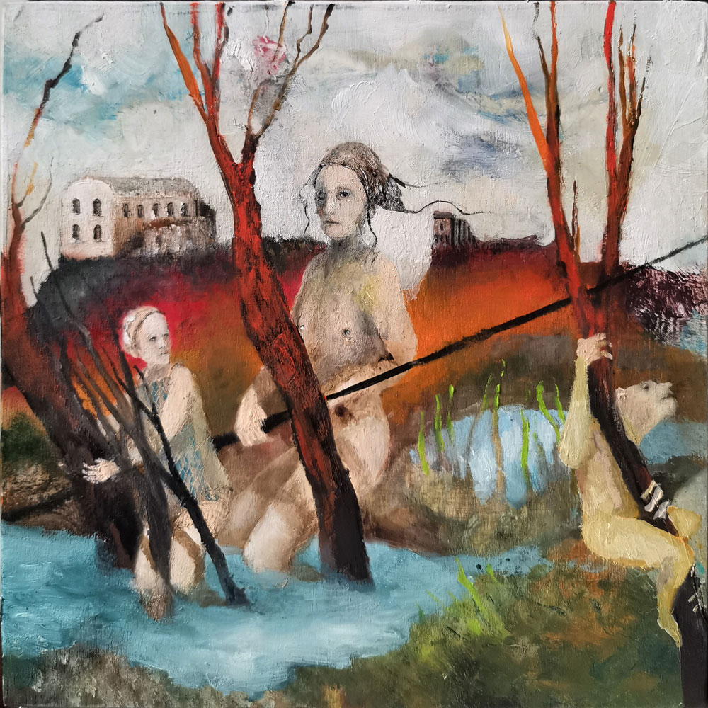 PADOVANI SERGIO, Il giudizio del volgo, 2019, Olio, bitume, resina su tavola, 20x20 cm