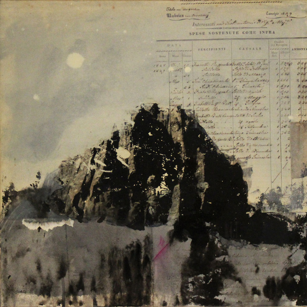 CESTARI DANIELE, Paesaggio lunare, 2018, tecnica mista su carta antica incollata su tela, 40 x 40 cm