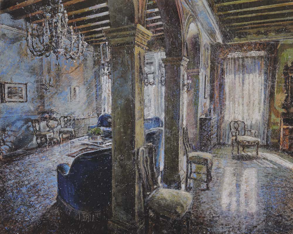 MINOTTO RAFFAELE, A598 Luci nel salotto blu 2019 olio su tavola, 40 x 50 cm