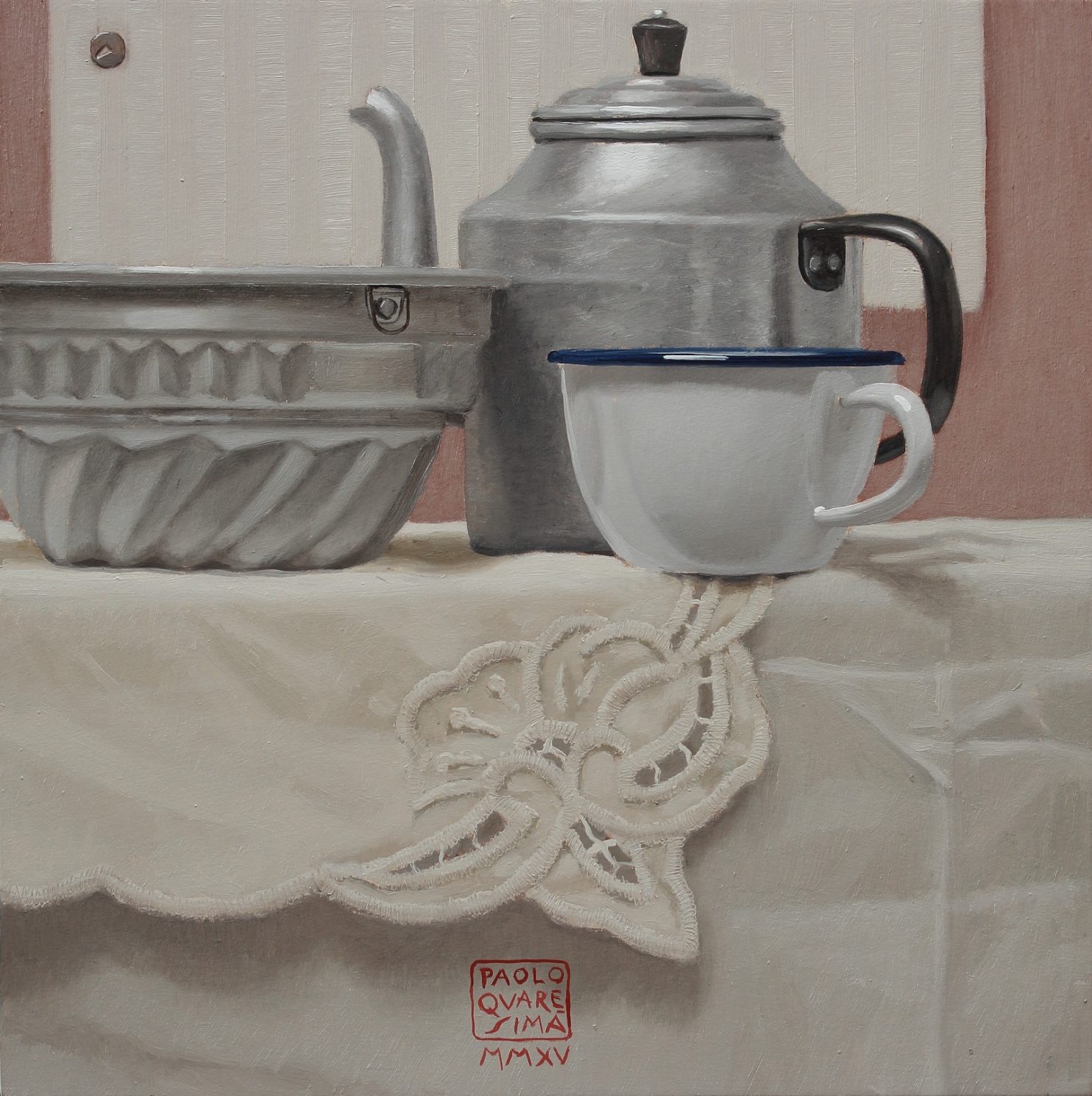 QUARESIMA PAOLO, Colazione con la torta - 2015, olio su tavola 35 x 35 cm