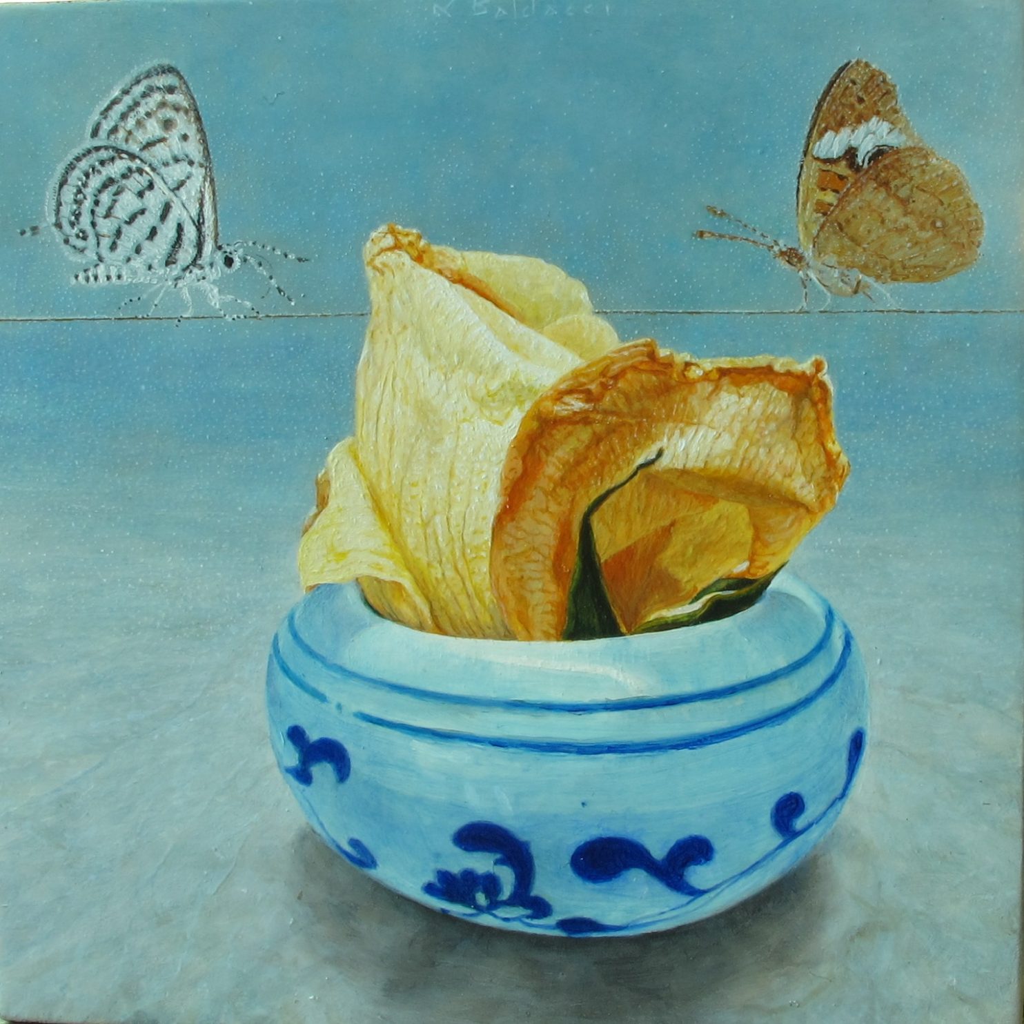 Baldacci Luciano, Farfalle in equilibrio, 2020, olio su tavola, 15x15 cm