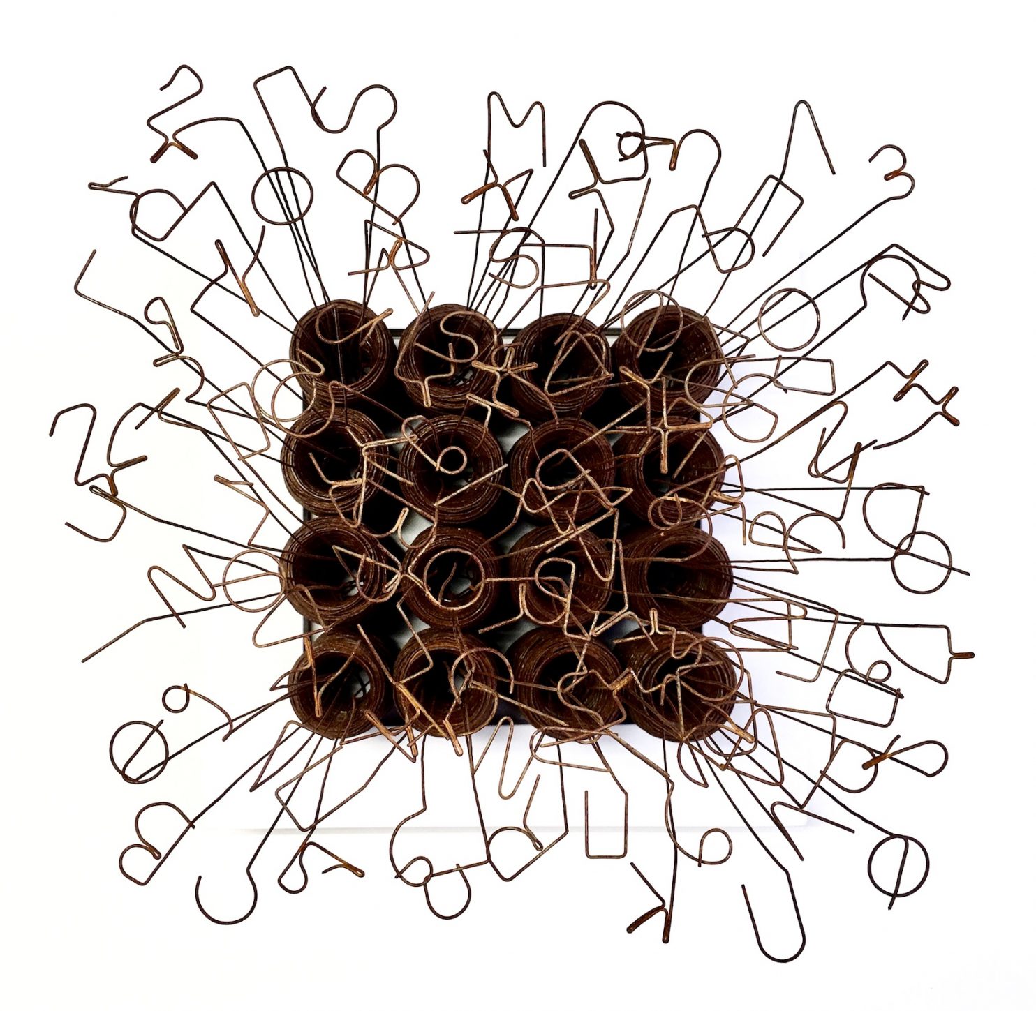 PUCINELLI RUDY, GERMOGLI 9, 2019, FILO DI FERRO COTTO, LEGNO E PLEXIGLASS, 30x30x35 cm