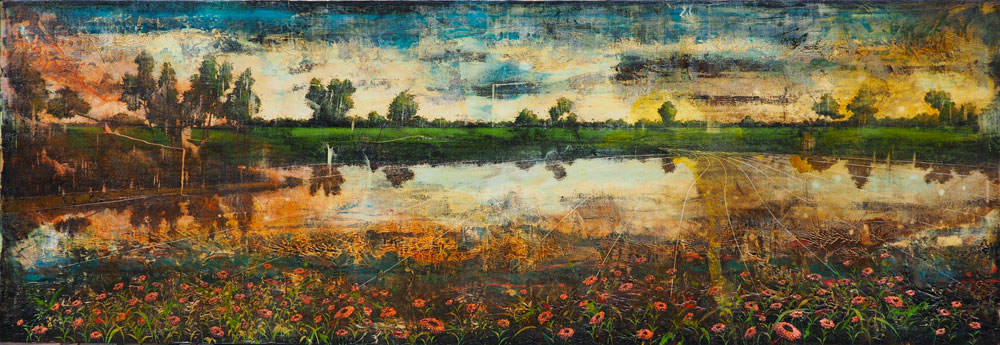 Forbici Jernej, Daisyworld V..., 2020, acrylic and oil on canvas, 96x276 cm