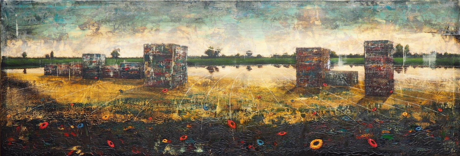 Forbici Jernej, Piles of garbage, 2020, acrylic and oil on canvas, 96x276cm