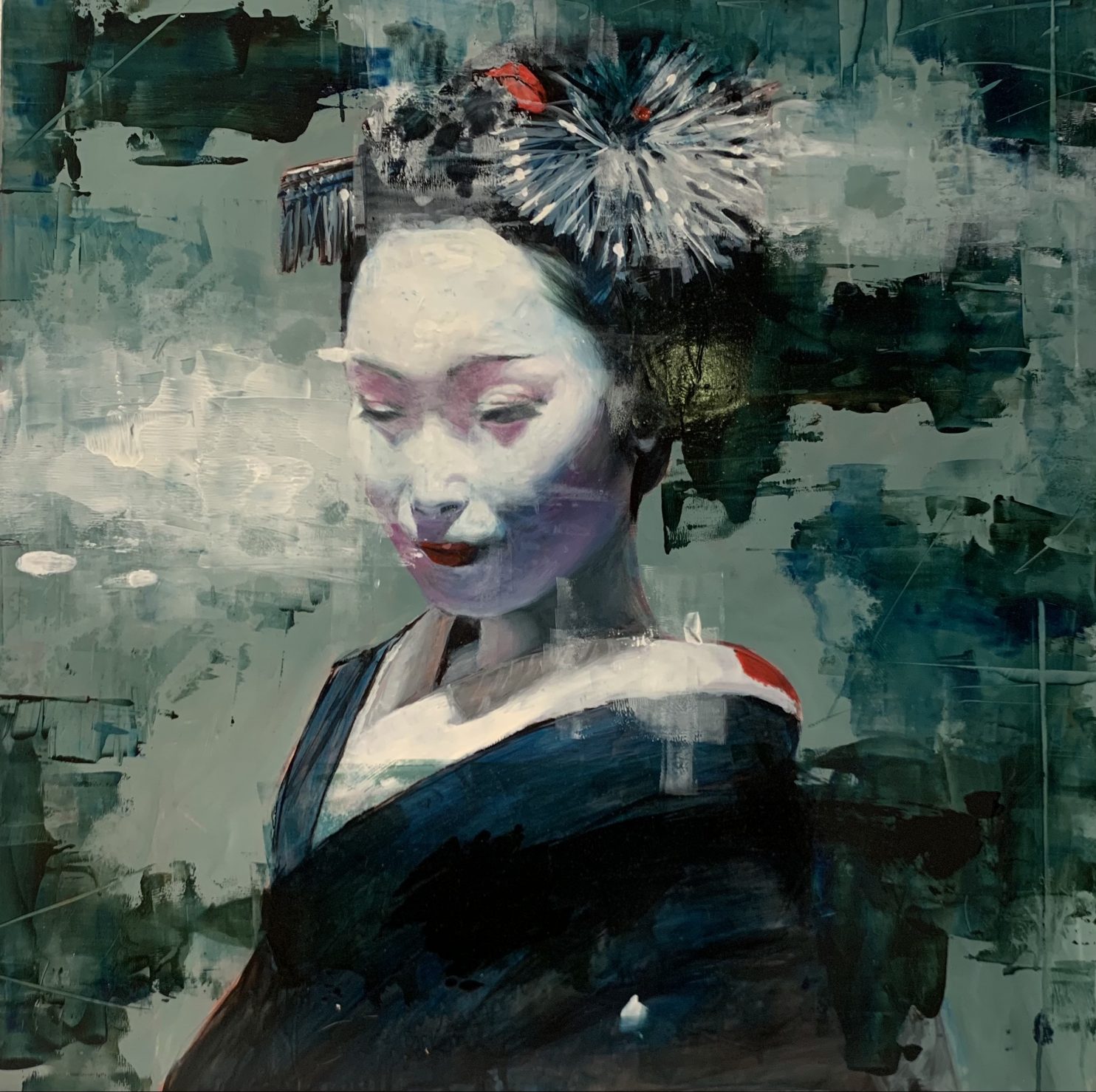 Porta Tom, Japanese woman in green hue, 2021, olio su tavola, 50x50 cm
