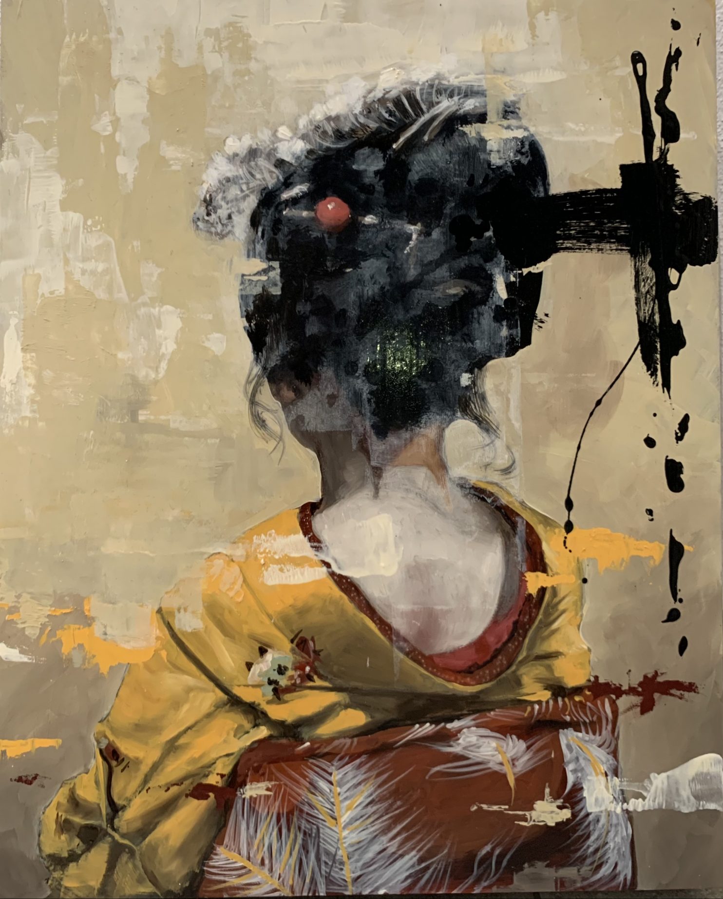 Porta Tom, Japanese woman in yellow dress, 2021, olio su tavola, 50x40 cm