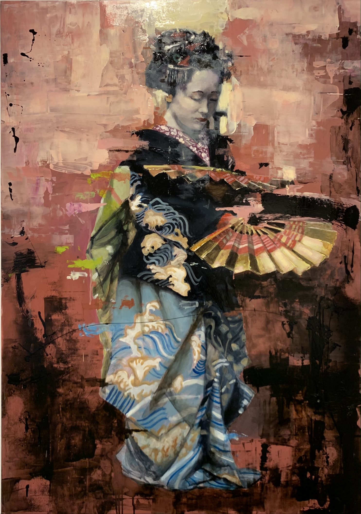 Porta Tom, Japanese woman with folding fan, 2021, olio su tavola, 100x70 cm