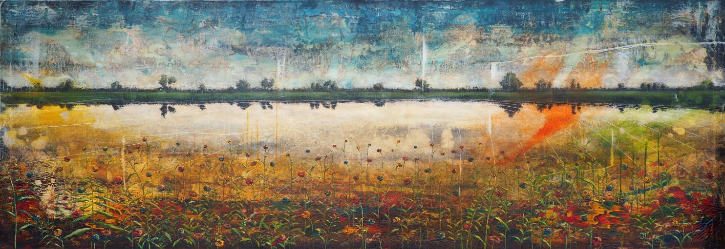 Daisworld VII, 2021, acrylic and oil on canvas, 96x276 cm