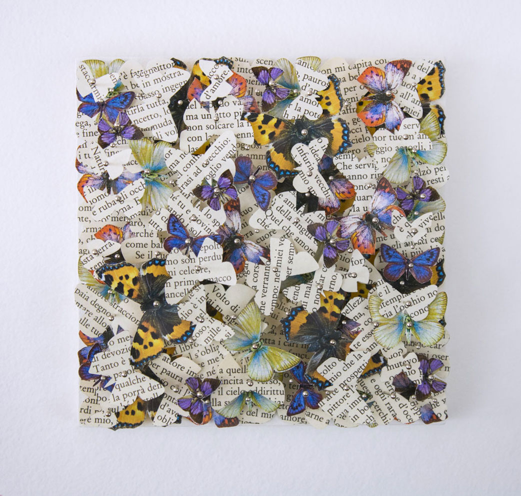 Gambino Michael, Shakespeare, Sonetti. , 2021, Farfalle di carta ritagliate e appuntate su tavola, 15x15 cm