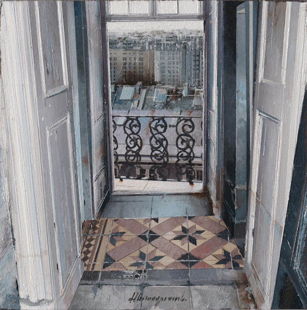 Massagrande Matteo, Budapest, tecnica mista su tavola, 20x20 cm_MASSA0883