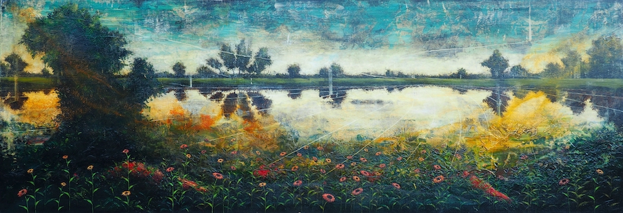 Forbici Jernej, Daisyworld model with red mud, 2021, acrylic and oil on canvas, 95x276 cm