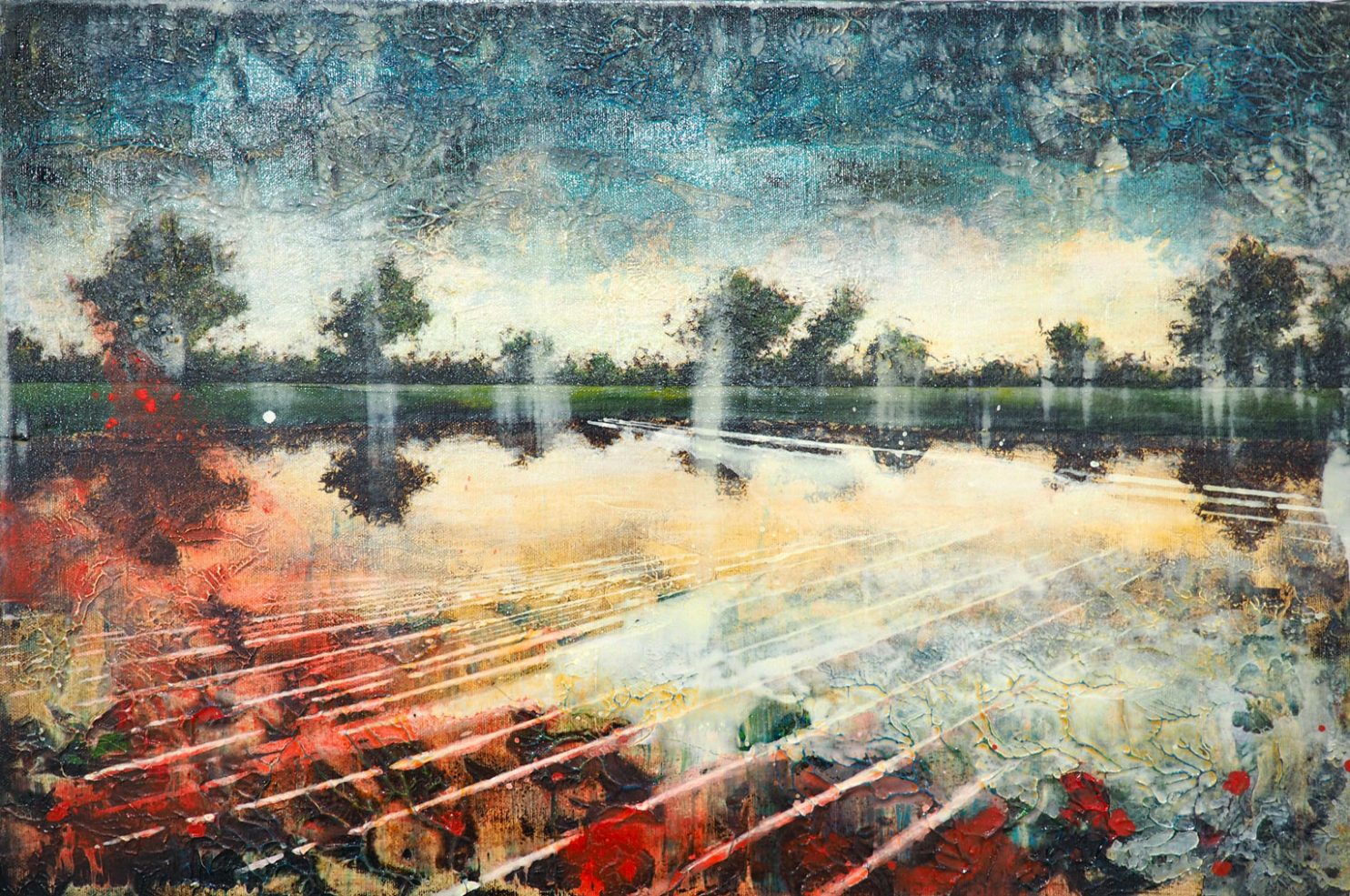 Forbici Jernej, Ashes on red mud, 2021, acrylic and oil on canvas, 40x60 cm