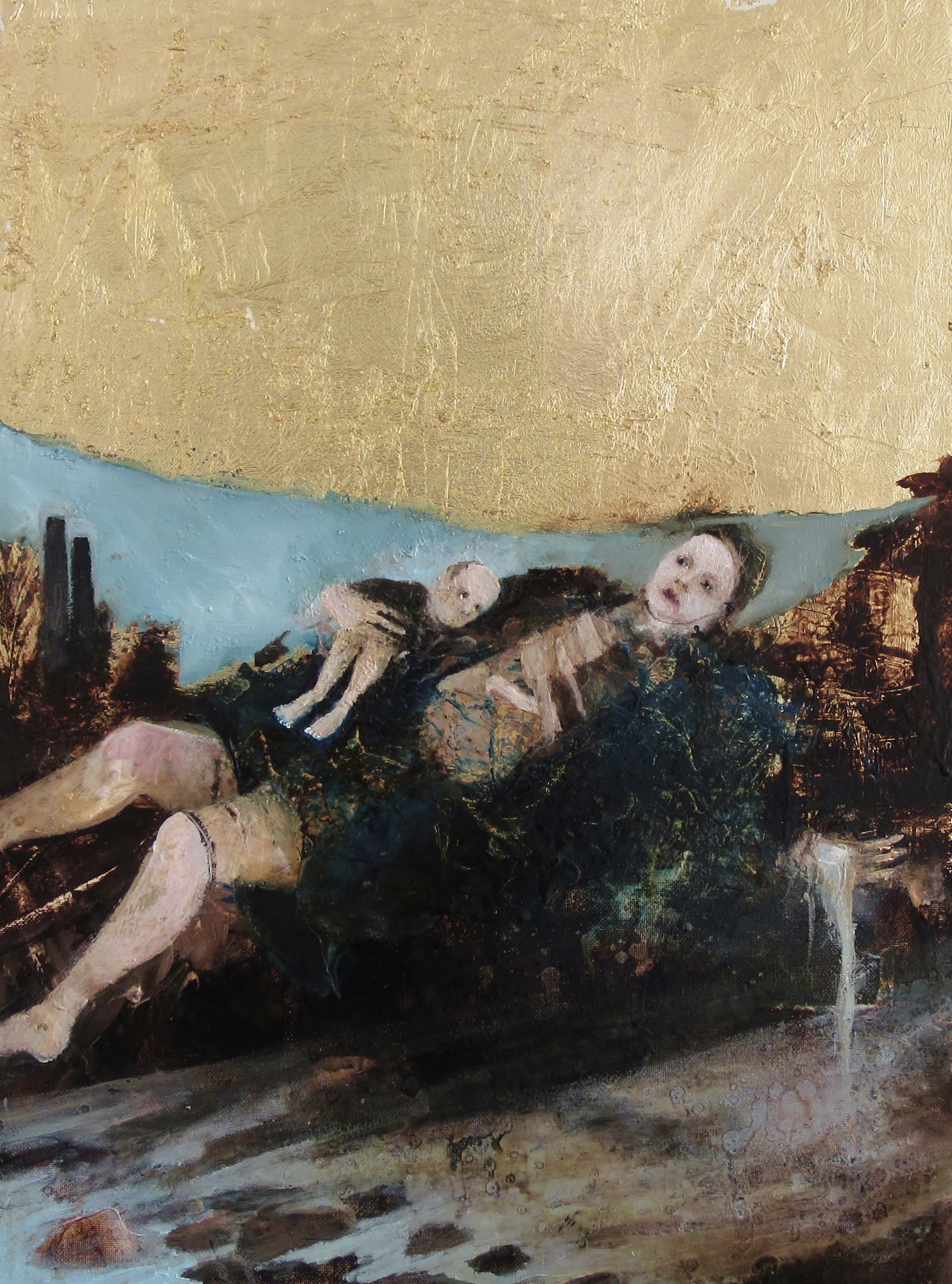 Padovani Sergio, La Salvazione, 2017, olio, bitume e foglia doro su tela, 40x30 cm