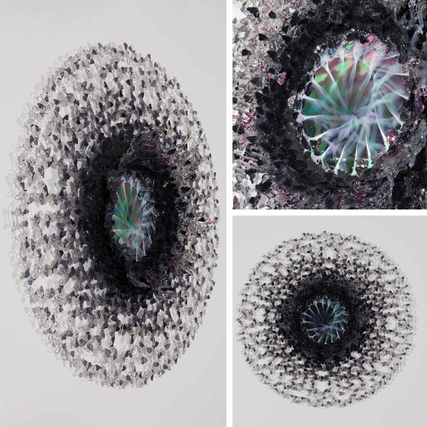 ANNALÙ, Dreamcatcher Black Soul, 2021, resina, vetro di Murano, carta, inchiostri, cenere, 80x80x20 cm
