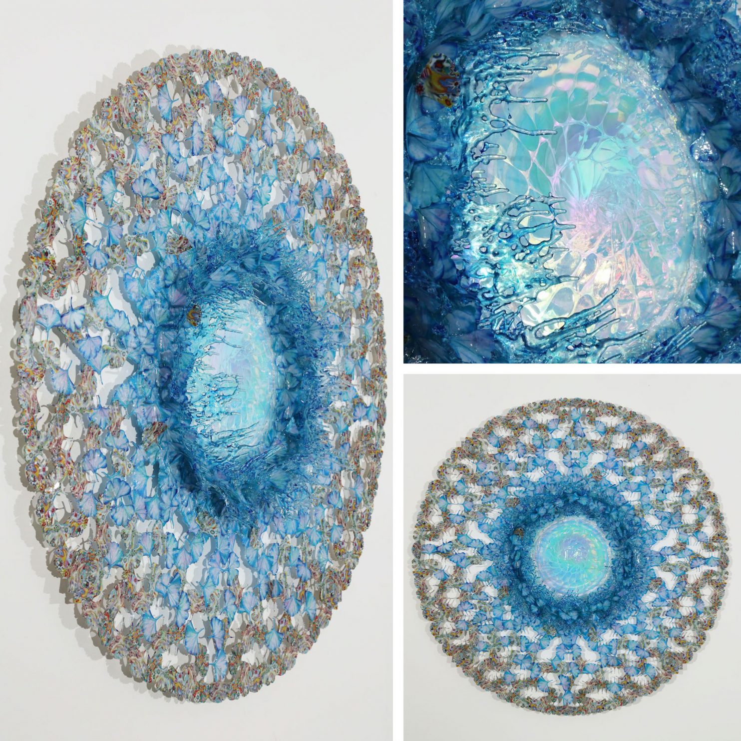 ANNALÙ, Dreamcatcher liquidity blue time, 2020, vetroresina, cristallo di Murano con intarsio turchese opaco (in pasta) + madreperla, inchiostri, carte, 140x140x15 cm