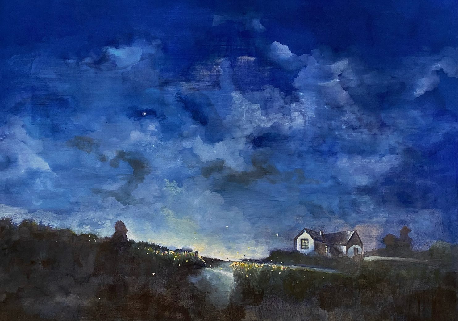 Gastaldo Luca, La casa sul fiume, 2022, olio su carta, 50x70 cm