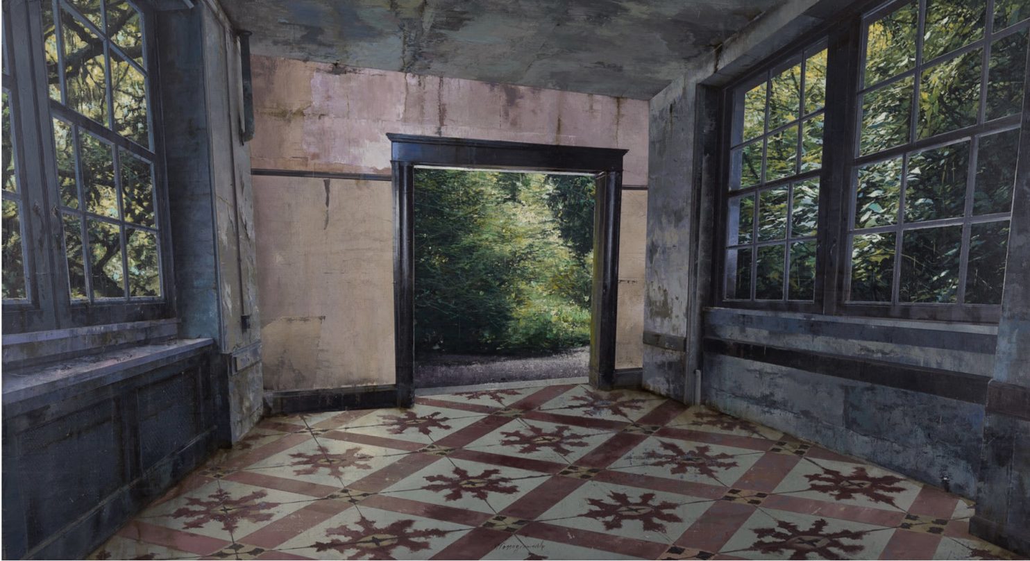 Massegrande Matteo, La grande rimessa, 2018, tecnica mista su tavola, 60x110 cm