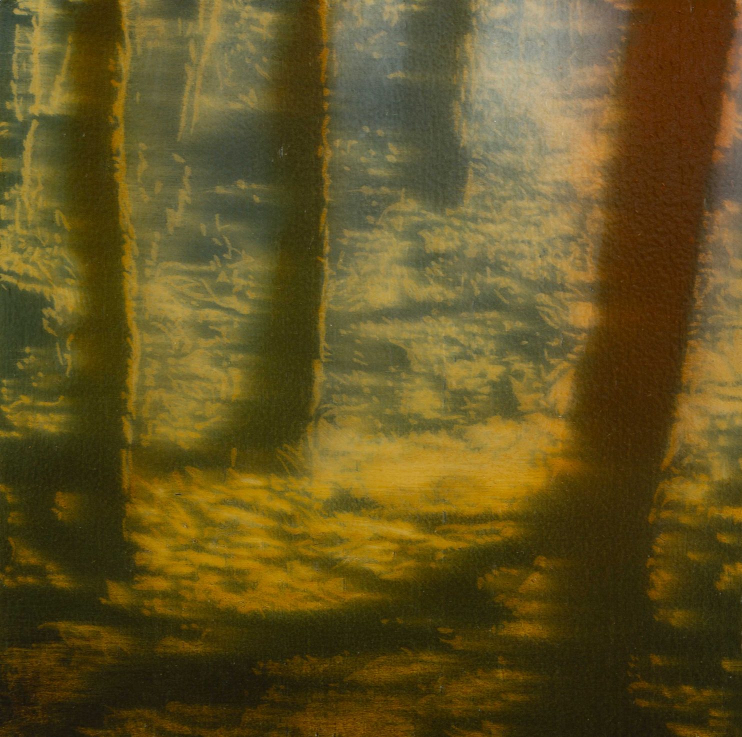 Amigues Jean Marc, Sous bois à Espierba, 2023, olio su tavola, 15x15 cm