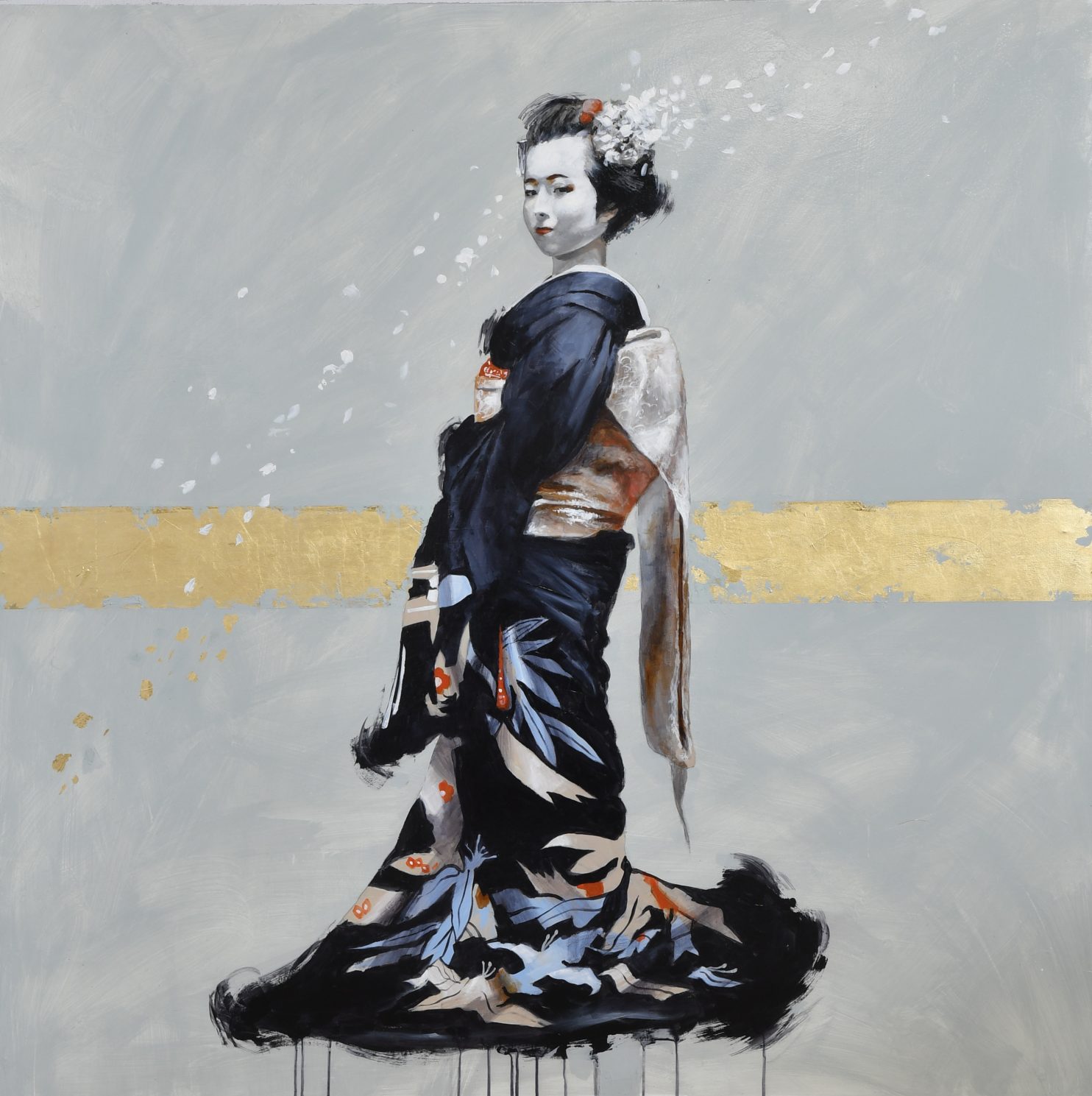 Porta Tom, The golden line, 2023, acrilico su tela, 150x150cm