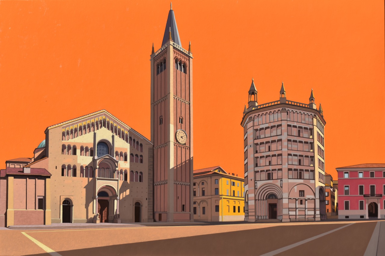Reggio Mauro, Parma, piazza Duomo, 2023, olio su tela, 100x150 cm