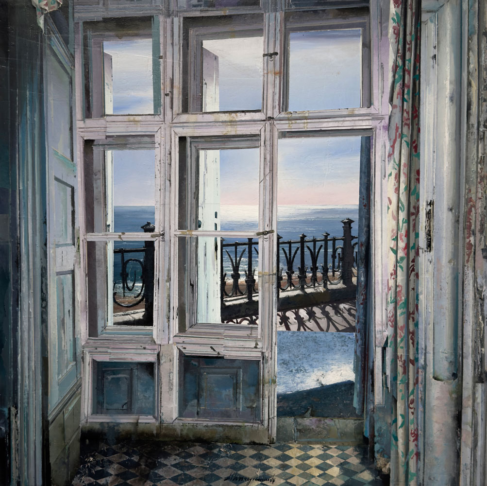 Massagrande-Matteo-punto-sullarte-contemporary-art-gallery-varese-La-tenda-a-fiori-2023-Olio-e-tecnica-mista-su-tavola-50x50cm