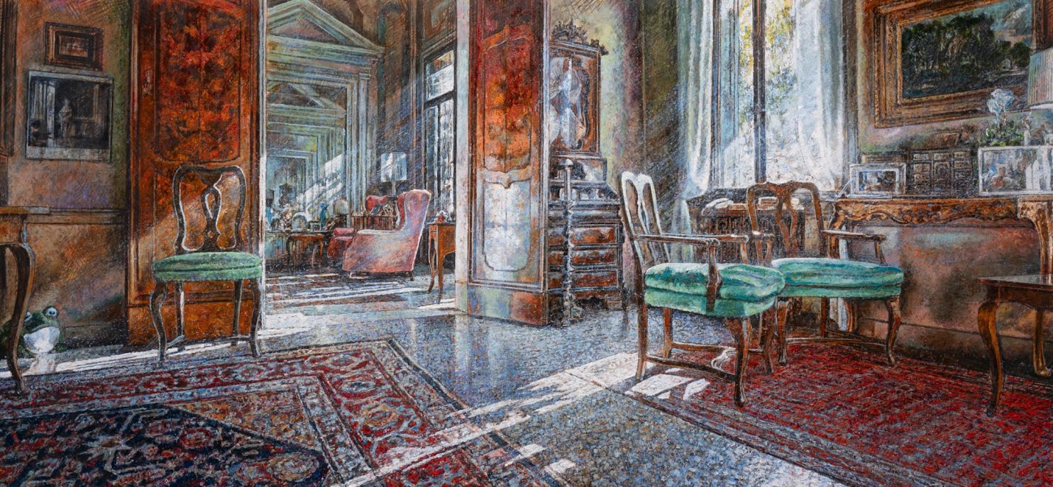 Minotto Raffaele-Scorcio dinterno-2024-olio su tavola-80x170cm-Galleria-punto-sull-arte-varese
