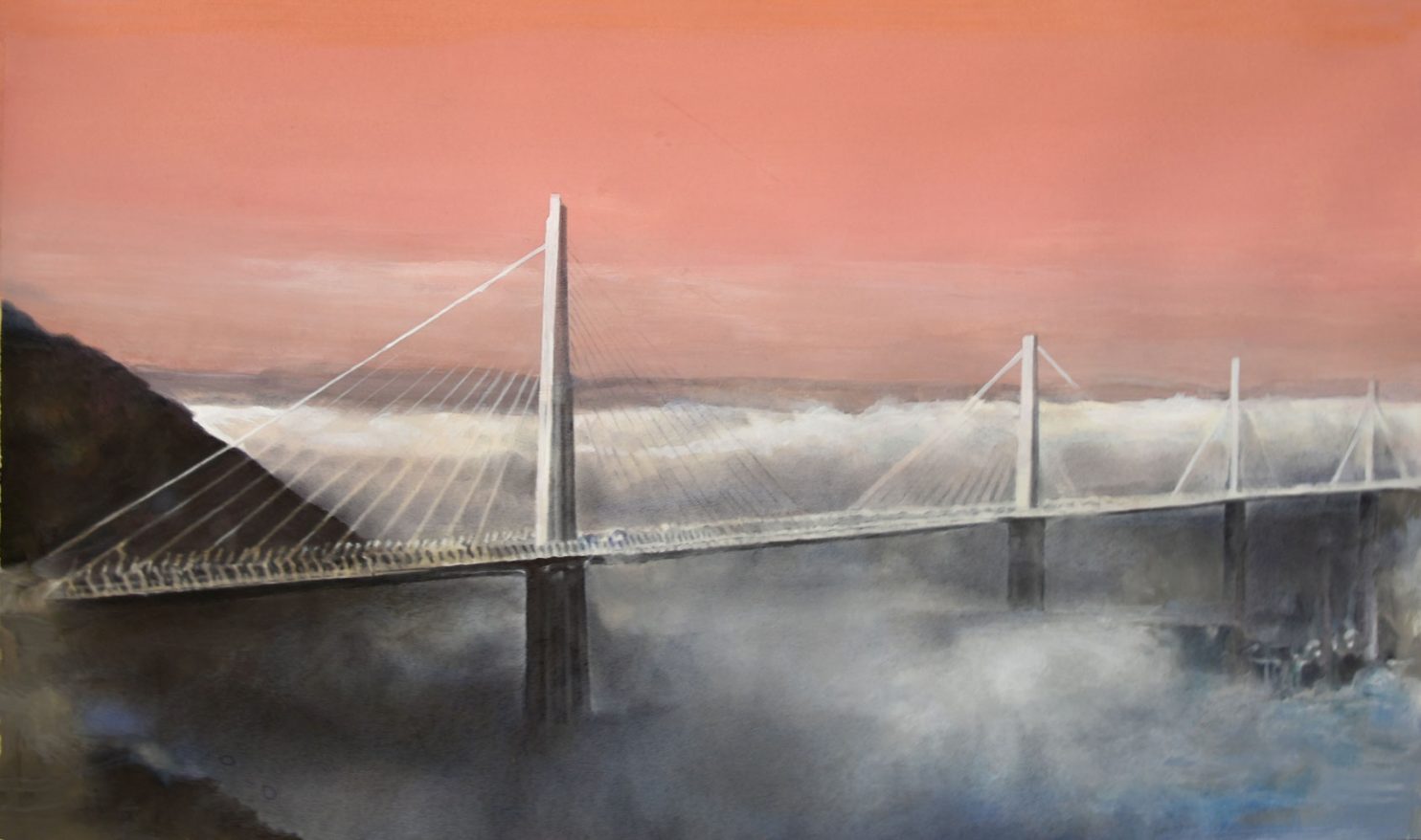 The Bridge N.2 di Valentina Ceci, in mostra alla Galleria Italiana Punto sull'Arte Varese, Italia per Pink & Powerful, rappresenta un ponte immerso nella nebbia con un cielo rosa.