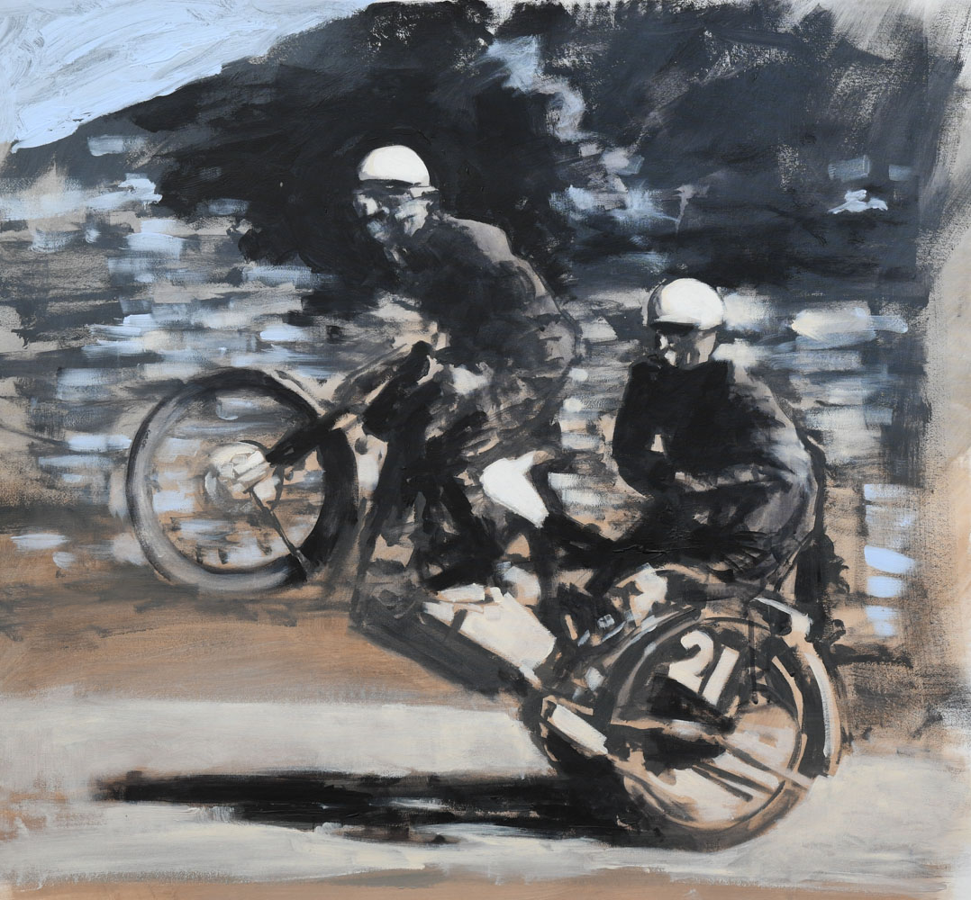 Duo #1 di Tom Porta: una moto d’epoca in impennata con due figure, simbolo di forza e complicità. In mostra a Varese, FastForWarD, PUNTO SULL’ARTE.