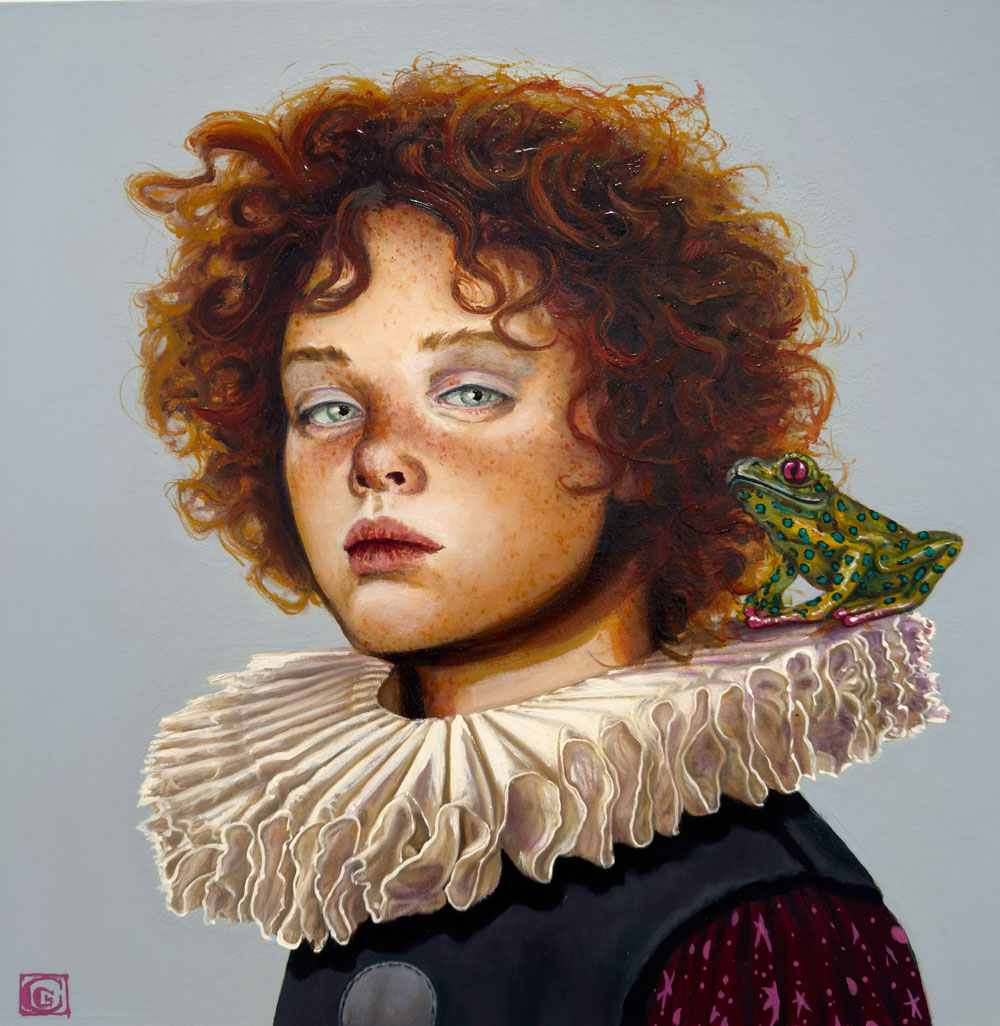 Saltimbanco con ranocchio a pois di Claudia Giraudo, olio su tela. Un giovane saltimbanco e un ranocchio a pois in un momento sospeso tra realtà e fantasia. Esposta alla Galleria PUNTO SULL'ARTE, Varese.