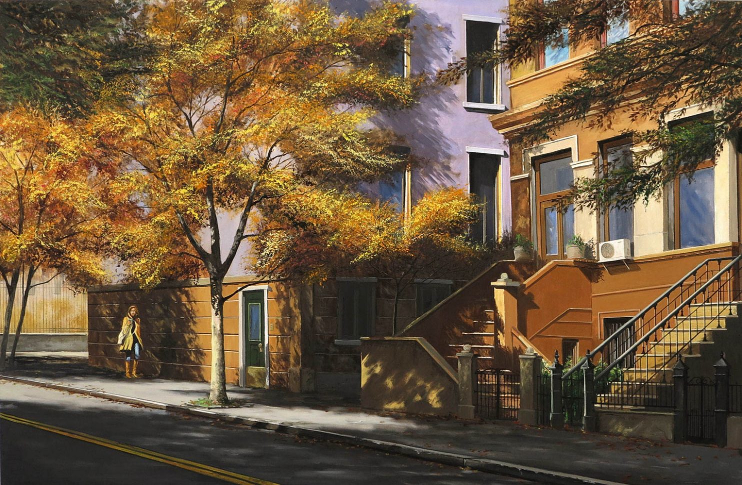 Autumn in New York di Claudio Filippini – Strade e alberi autunnali dai toni caldi, catturando la bellezza urbana con realismo suggestivo. In mostra IN-LEAF, Galleria PUNTO SULL’ARTE, Varese.
