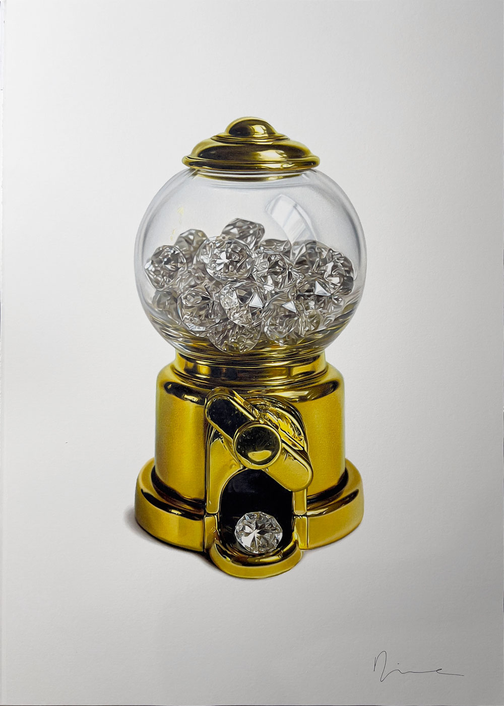 The Hunger of Midas di Valentina Diena – Un distributore dorato con diamanti all’interno, reso con iperrealismo a matite colorate. PUNTO SULL'ARTE, Varese, Italia