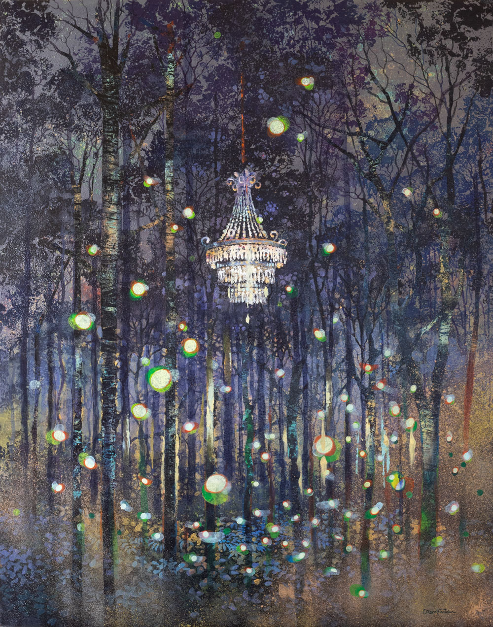 In Le Bal, un lampadario di cristallo sospeso tra gli alberi trasforma il bosco in una scena onirica, dove sogno e memoria si intrecciano in luce poetica.