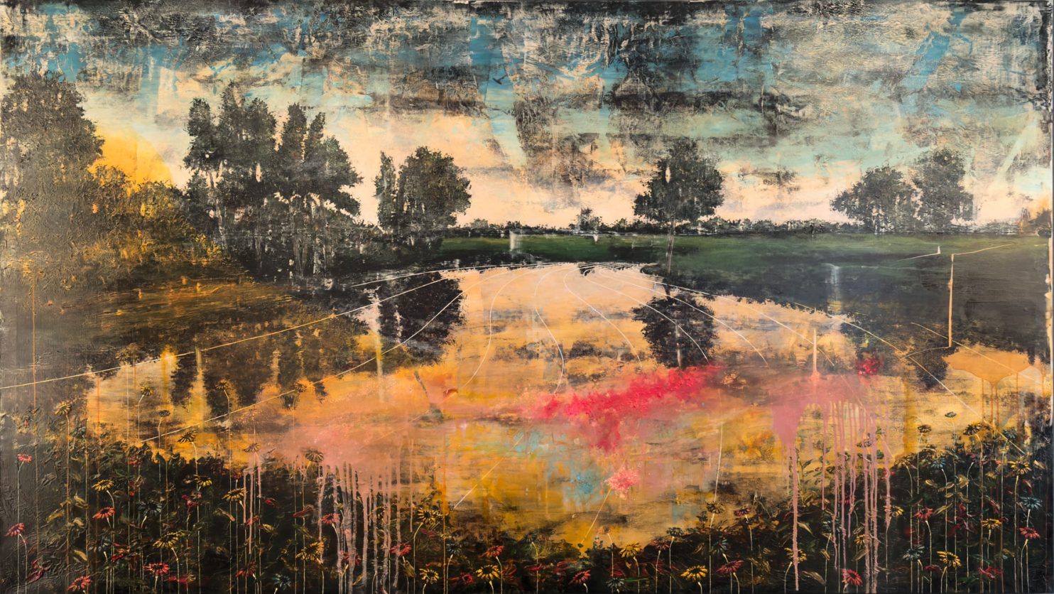 "Auri Sacra Fames XXV–XIV" di Jernej Forbici – Un paesaggio segnato da colori intensi e tracce d’oro, simbolo di sfruttamento e avidità. Un’opera intensa che denuncia la fragilità della natura e invita alla riflessione. Galleria PUNTO SULL'ARTE, Varese, Italia.