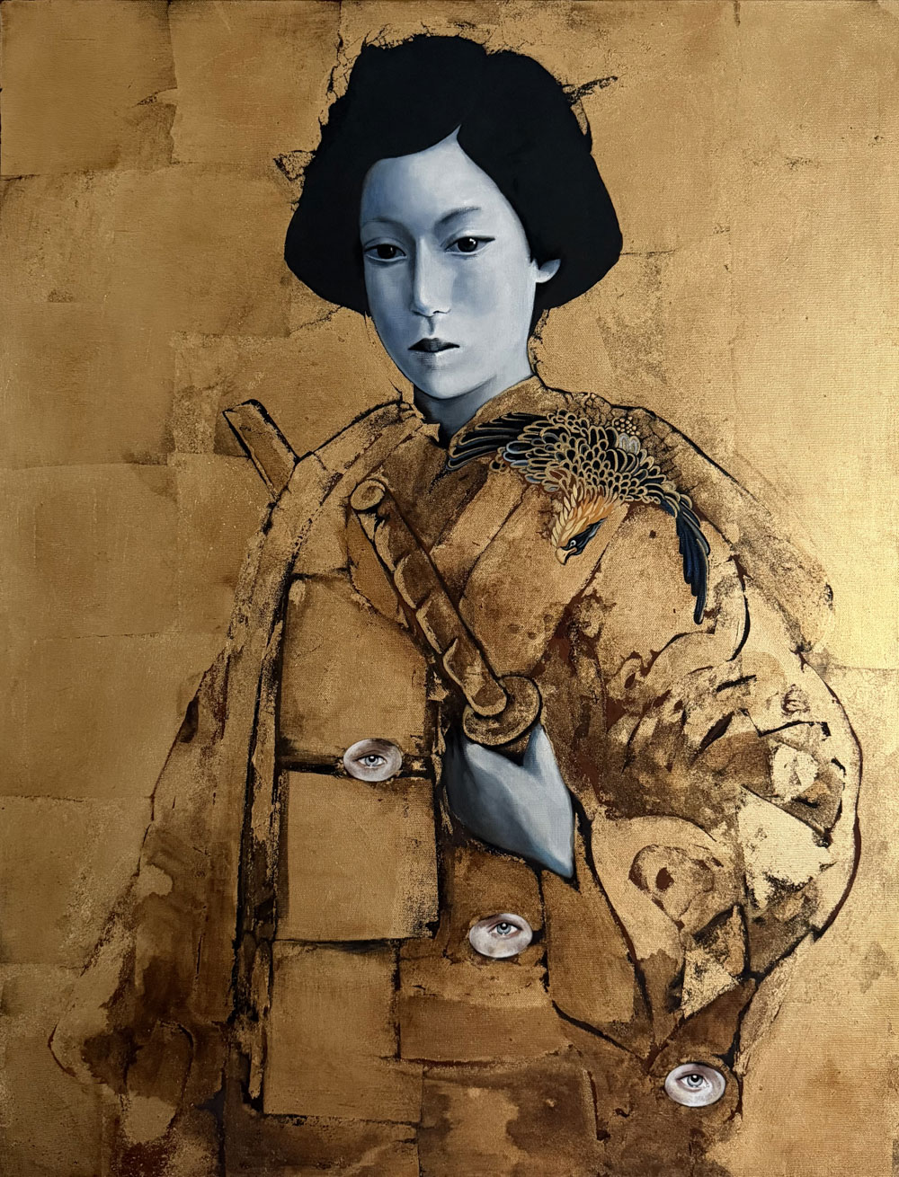 Martinato-Lara-punto-sull-arte-contemporary-art-gallery-Varese-Italia-Guerriera-blu-Samurai-con-aquila-2025-Tempera-olio-e-foglia-oro-su-tela-90x70cm