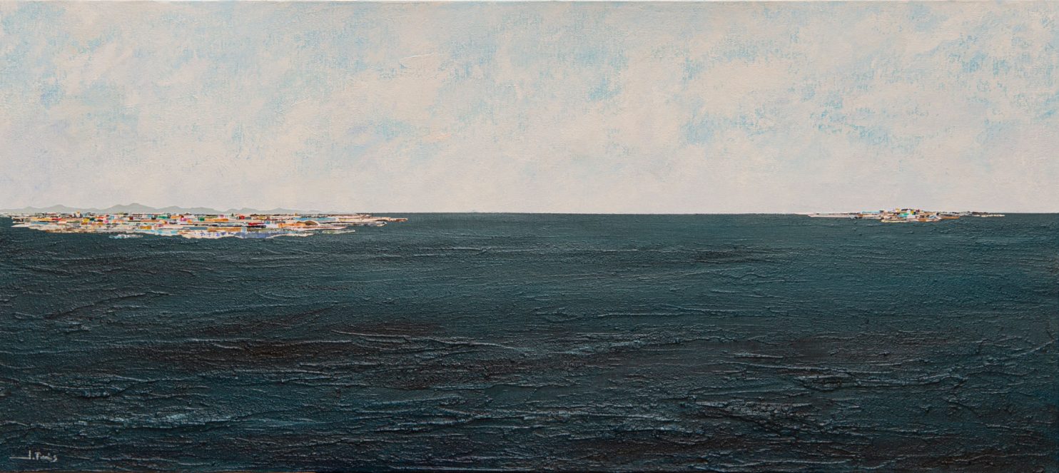 Horitzo Cabanes di Joan Peris. Opera a tecnica mista che indaga l’orizzonte come spazio di equilibrio e contemplazione, dove materia e colore trasformano il paesaggio in una dimensione interiore. Galleria PUNTO SULL’ARTE.