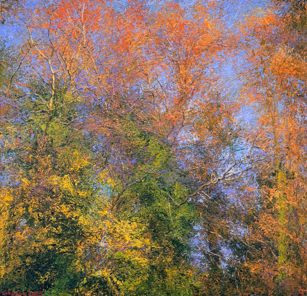 Calda confusione di Arcangelo Ciaurro è un dipinto in acrilico su tavola. Una trama vibrante di rami e chiome si intreccia tra colori caldi e cielo azzurro, evocando l’energia e il respiro della natura. Esposta alla Galleria PUNTO SULL’ARTE, Varese, Italia.