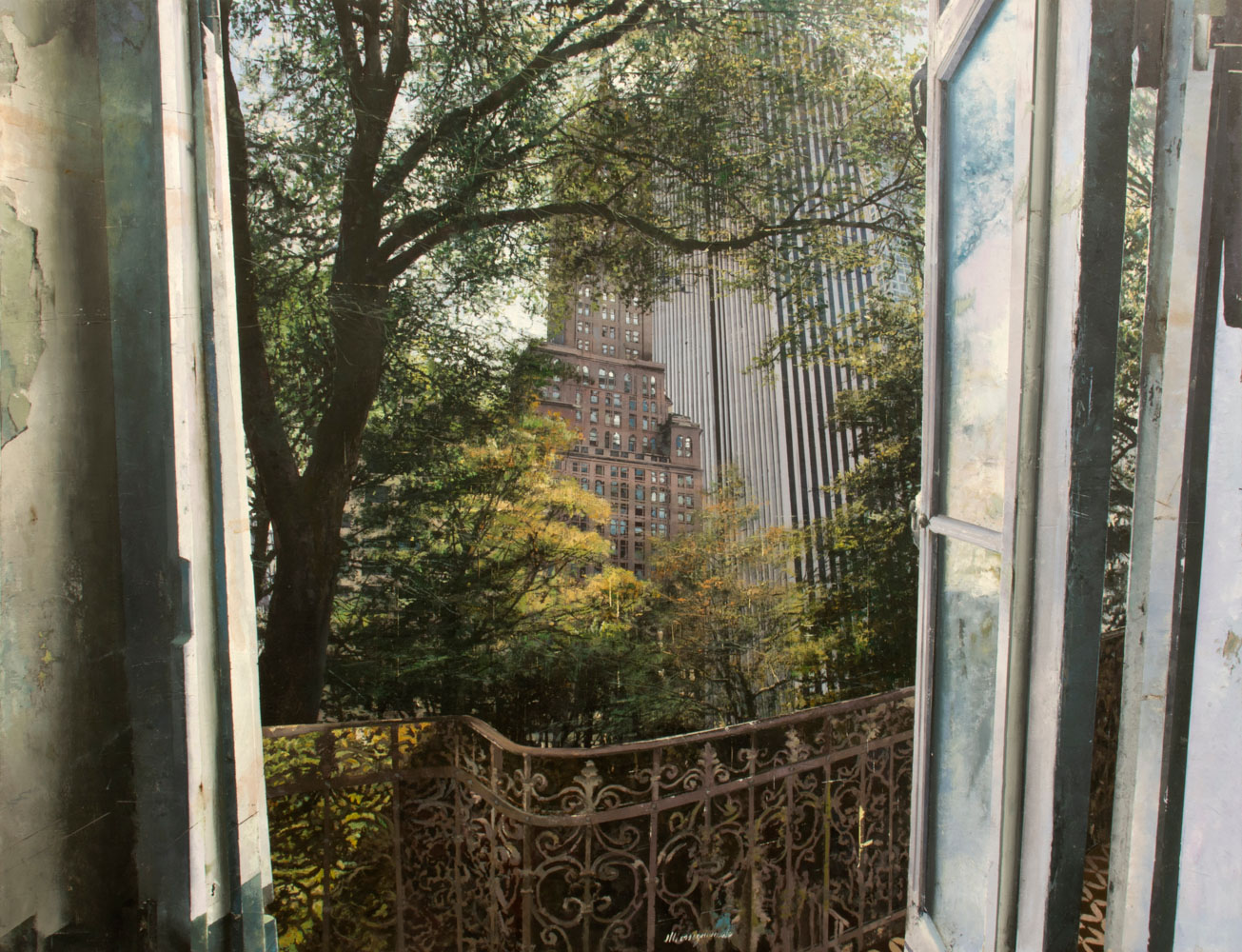 Poggiolo a Central Park di Matteo Massagrande – Uno scorcio su Central Park tra alberi e grattacieli di New York. In mostra SOGLIE, Galleria PUNTO SULL’ARTE, Varese