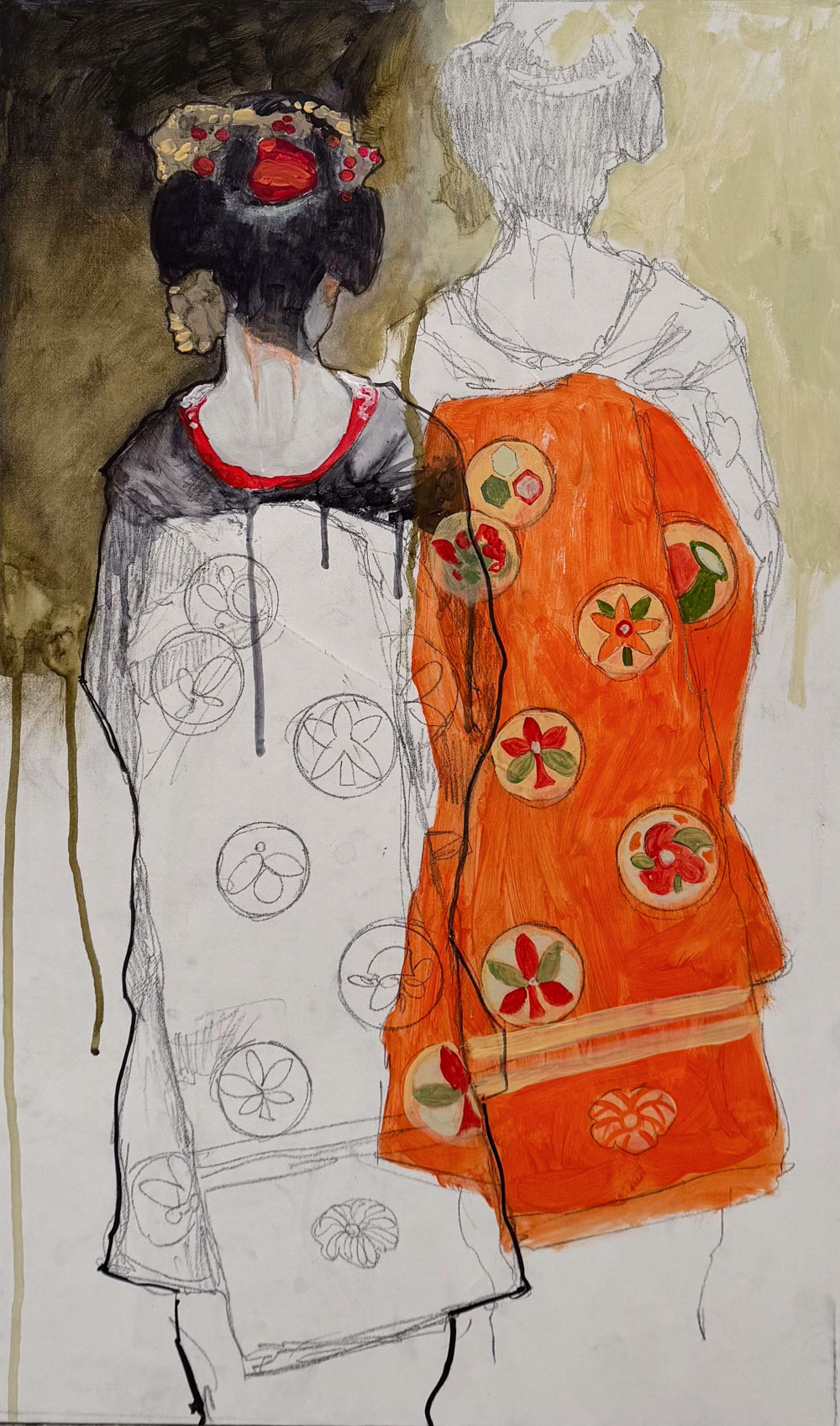 Line #7 di Tom Porta – Due figure femminili, viste di spalle e ispirate all’immaginario delle geishe, emergono da una composizione sospesa tra pittura e disegno. La parte superiore è più definita e intensa, mentre verso il basso le forme si dissolvono in tratti leggeri e incompiuti. L’opera gioca sul contrasto tra presenza e assenza, tra ciò che è visibile e ciò che svanisce. Opera autonoma, non legata a esposizioni in corso. Galleria PUNTO SULL’ARTE Varese.