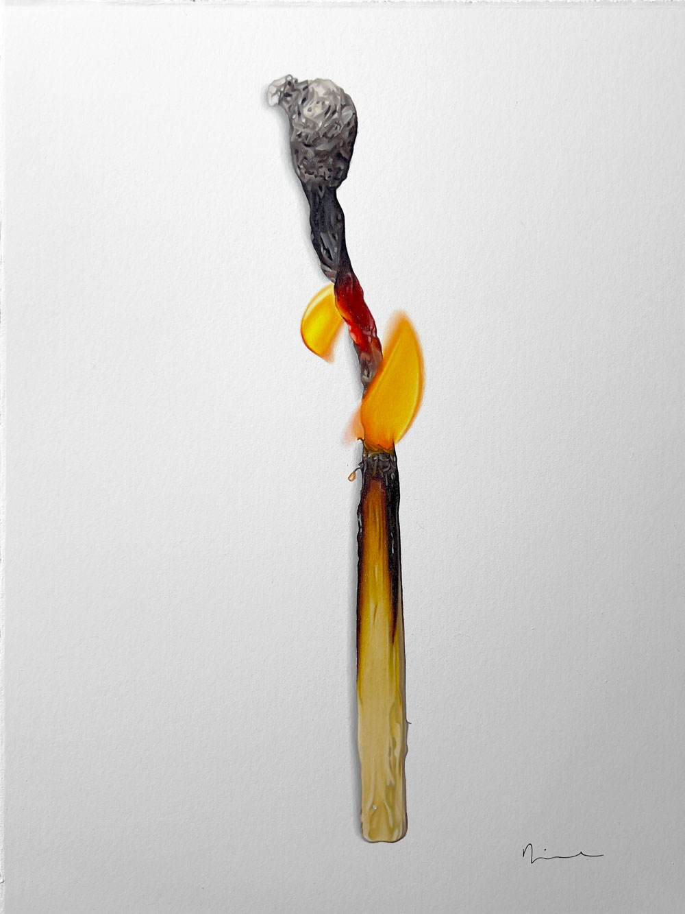 The Roast Goose di Valentina Diena è un disegno realizzato con matite colorate su carta. Un fiammifero acceso evoca trasformazione, energia e fugacità. Esposto alla Galleria PUNTO SULL’ARTE, Varese, Italia.
