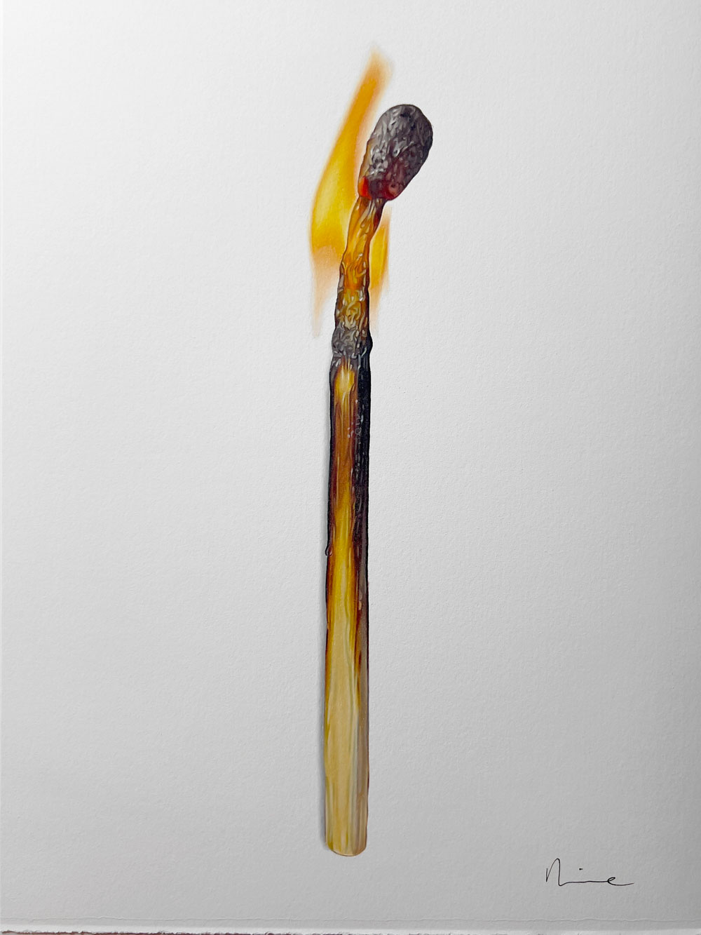 The Iron Stove di Valentina Diena è un disegno realizzato con matite colorate su carta. Un fiammifero acceso diventa simbolo di calore, energia e trasformazione. Esposto alla Galleria PUNTO SULL’ARTE, Varese, Italia.