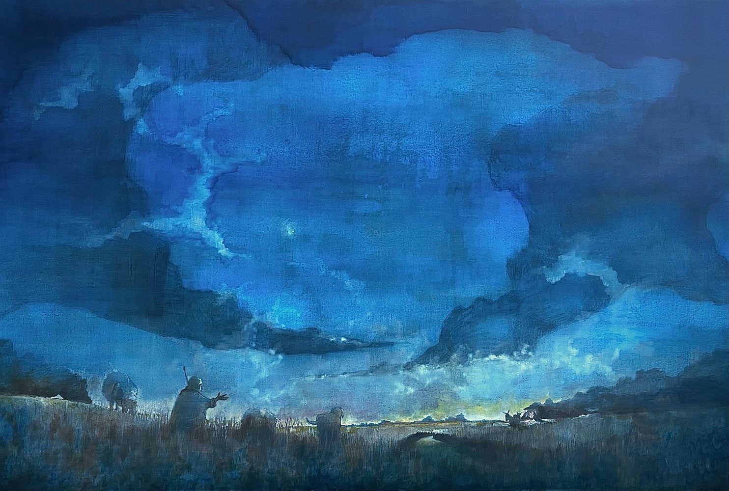 L'istante in cui l'anima vibra di Luca Gastaldo è un dipinto a olio su tela. Un cielo imponente e luminoso domina il paesaggio, evocando emozioni profonde, contemplazione e meraviglia. Esposto alla Galleria PUNTO SULL’ARTE, Varese, Italia.