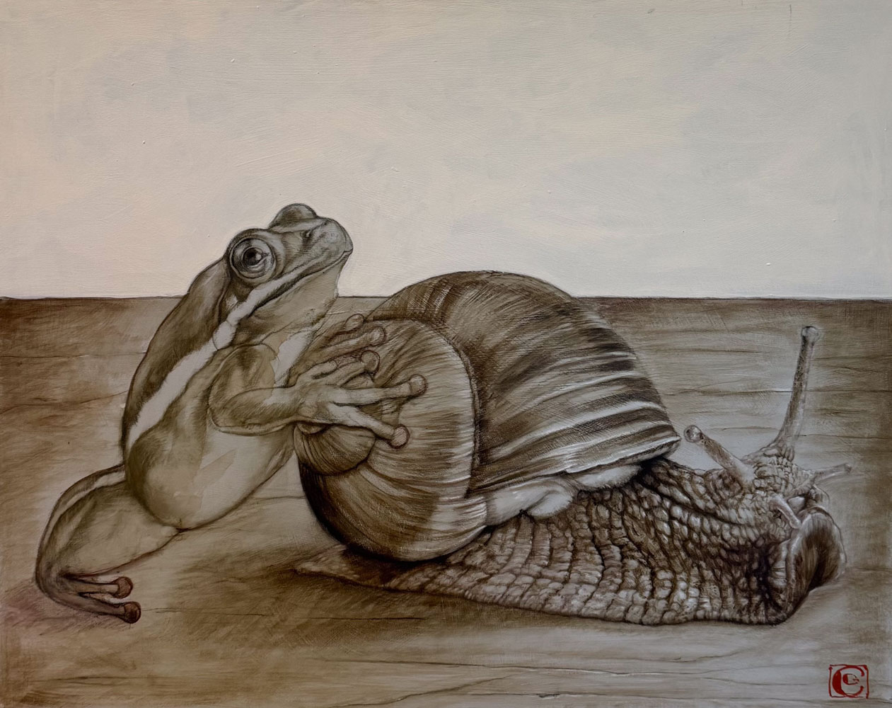 True Love di Claudia Giraudo – Un’opera che esplora il rapporto tra natura, fragilità e dimensione poetica attraverso l’incontro simbolico tra una rana e una chiocciola. La pittura di Claudia Giraudo costruisce un universo delicato e sospeso, dove lentezza e armonia convivono in perfetto equilibrio. In mostra presso la PUNTO SULL’ARTE nell’ambito della collettiva WILD SOULS Varese, Italia.