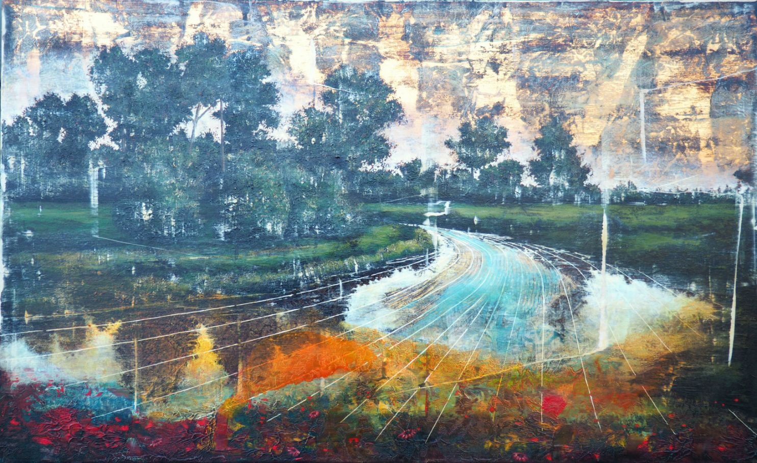 Auri Sacra Fames XXVI-XI di Jernej Forbici – Un paesaggio sospeso tra bellezza e fragilità, dove natura e intervento umano si incontrano. Presso la PUNTO SULL’ARTE, Varese, Italia.
